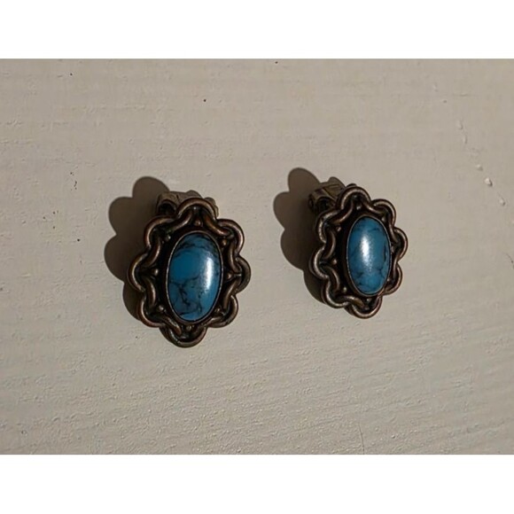 Vintage Bell Trading Post Signed Copper Faux Turquoise Clip On Earrings - Picture 3 of 5